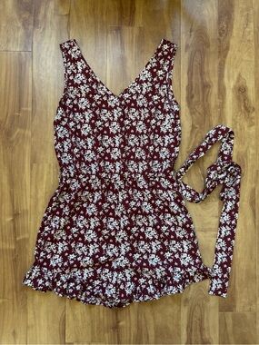 VILA Burgundy Floral V-Neck Romper with Tie Belt